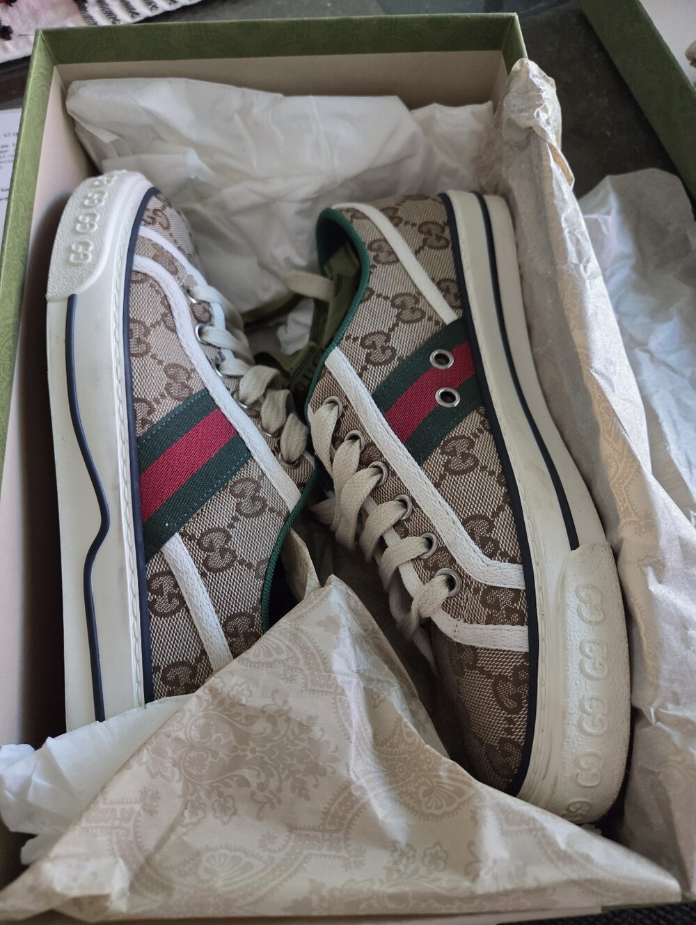 Gucci Brown & Cream GG Canvas Low-Top Sneakers with Green & Red Web